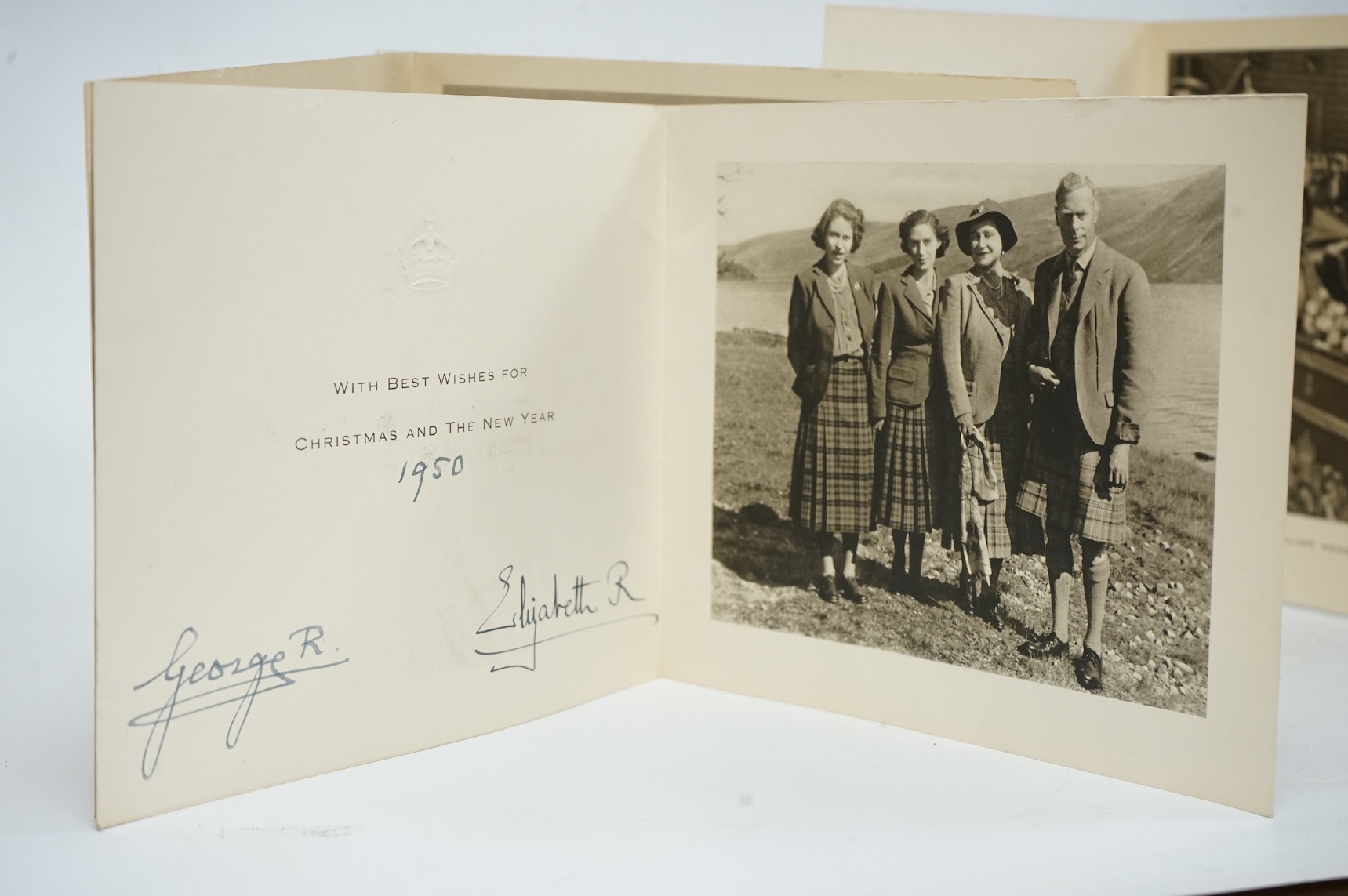 Three Royal Christmas cards from HM King George VI and Queen Elizabeth for 1948, 1949 and 1950, published by Raphael Tuck and Sons Ltd. with gilt embossed crowns on the front, inside; ‘with best wishes for Christmas and